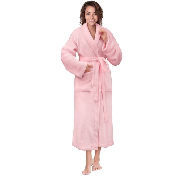 PAVILIA Pink Women Robe Fleece Plush Soft, Fluffy Fuzzy Cozy Warm Lightweight Bathrobe, Shower Spa House Long Robe for Women, L/XL