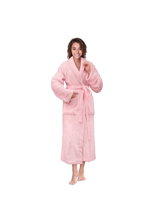 Pink Women Robe Fleece Plush Soft, Fluffy Fuzzy Cozy Warm Lightweight Bathrobe, Shower Spa House Long Robe for Women, S/M