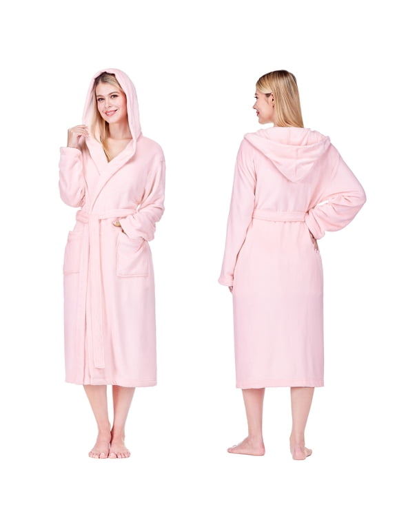 Womens Hooded Fleece Robe, Soft Plush Bathrobe, 2XL/3XL, Light Pink