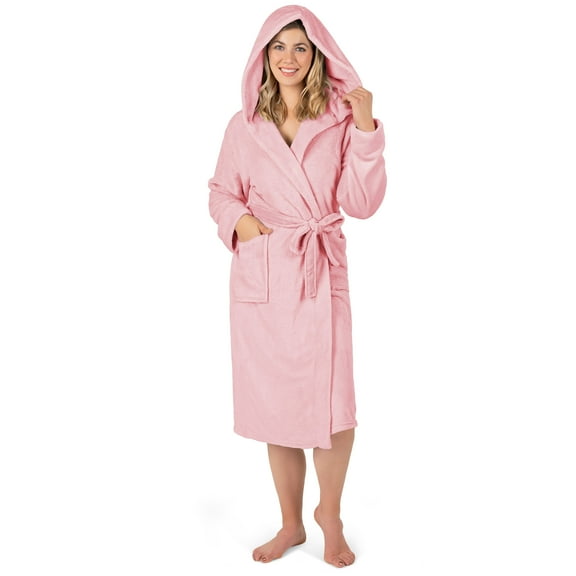 PAVILIA Pink Women Robe with Hood, Fleece Lightweight Soft Long Hooded Robe for Women, Plush Fuzzy Cozy Warm Bathrobe Shower Spa House, S/M