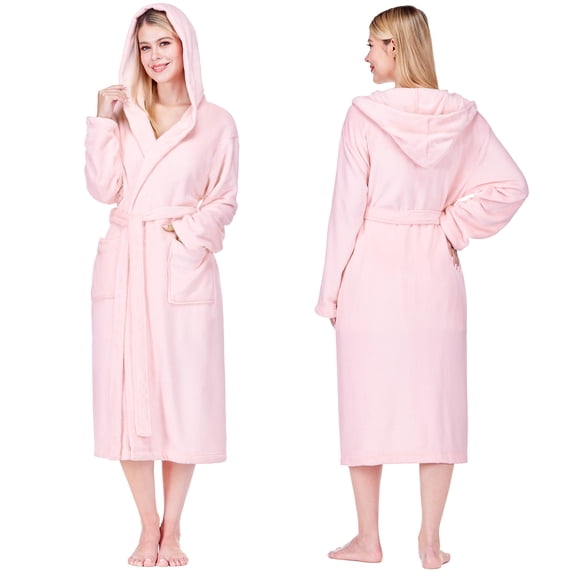 PAVILIA Pink Women Robe with Hood, Fleece Fluffy Soft Long Hooded Robe for Women, Plush Fuzzy Cozy Warm Bathrobe Shower Spa House, S/M