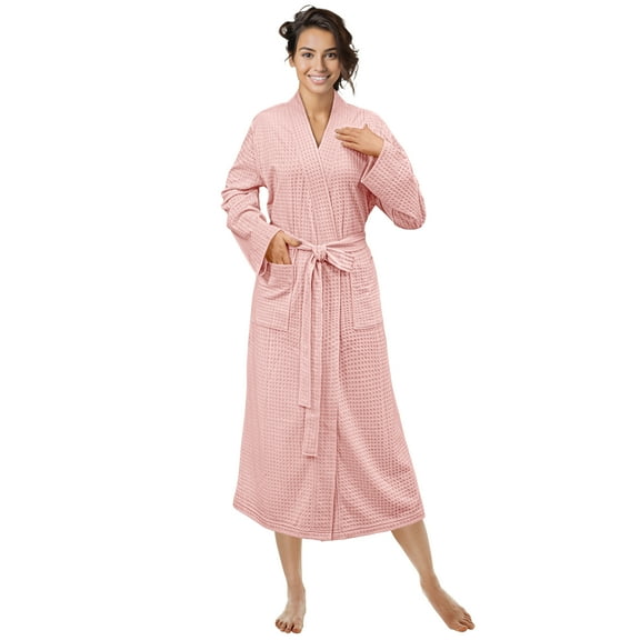 PAVILIA Pink Women Waffle Knit Kimono Robe, Soft Cozy Breathable Lightweight Bathrobe with Side Pockets, Shower Spa House Long Robe for Women, L/XL