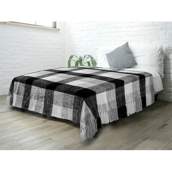 PAVILIA Plaid Blanket, Soft Throw Blanket for Couch Sofa, Knit Chenille Throw Blanket for Twin Size Bed, Living Room Decor Woven Knitted Decorative Blanket, White Black Gray Buffalo Check 60x80in