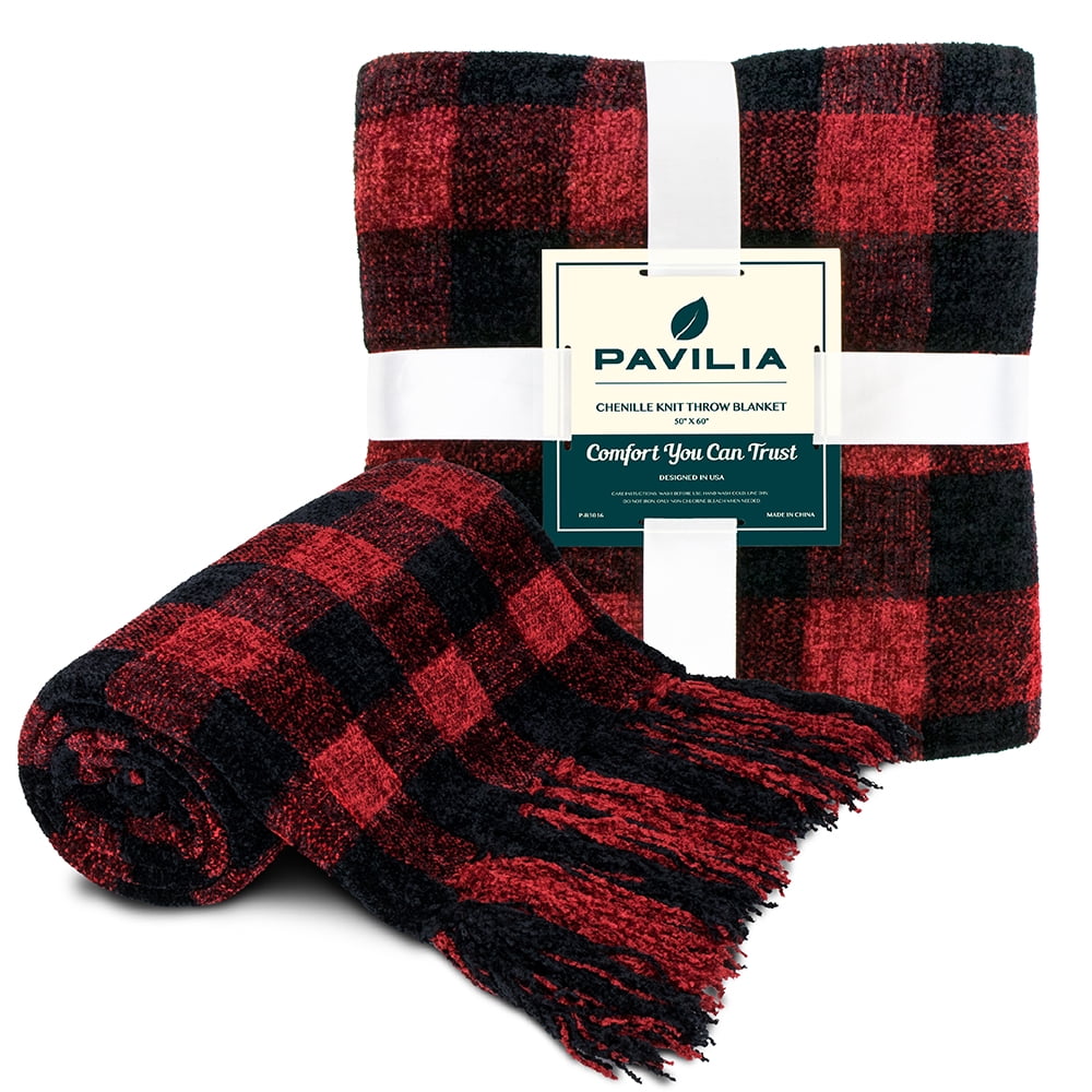 PAVILIA Plaid Chenille Throw Blanket for Couch, Soft Black and Red
