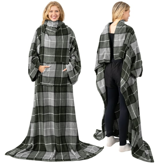 PAVILIA Plaid Grey Fleece Wearable Blanket with Sleeves for Adults Women Men, Soft Warm Full Body Wrap Throw, Sweatshirt Pocket, Cozy Pullover Robe Blanket with Arm, Gifts for Christmas Mom Wife