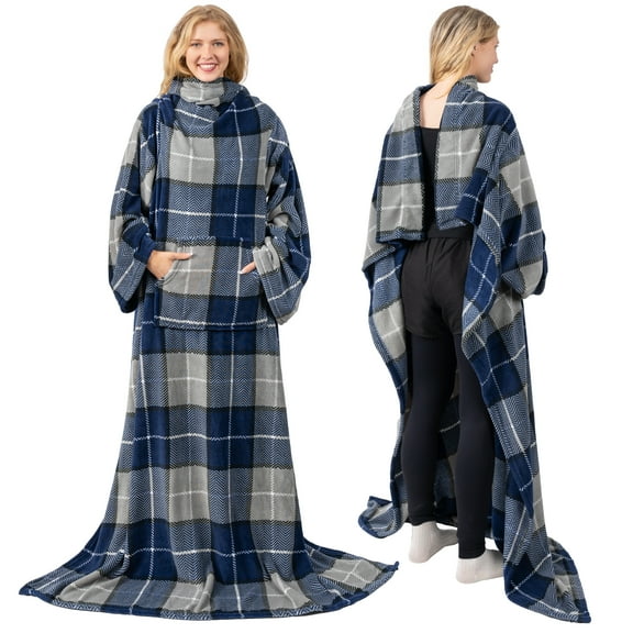 PAVILIA Plaid Navy Fleece Wearable Blanket with Sleeves for Adults Women Men, Soft Warm Full Body Wrap Throw, Sweatshirt Pocket, Cozy Pullover Robe Blanket with Arm, Gifts for Christmas Mom Wife