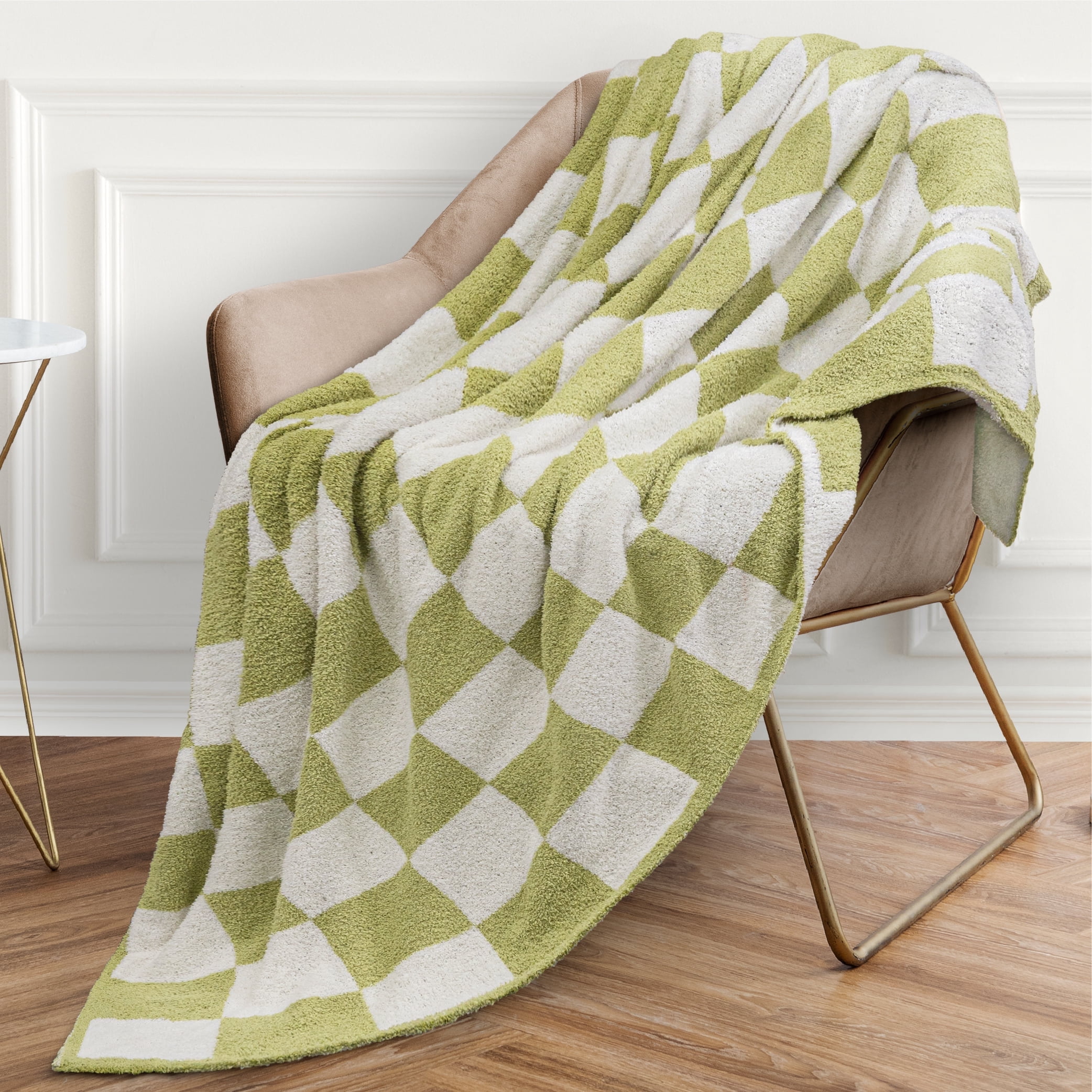 Sage Green and White Checkered Fleece Throw Blanket