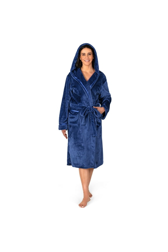 Plush Hooded Robe For Women | Blue, Fluffy Soft Bathrobe With Hood | Fuzzy Warm Spa Robe, Cozy Fleece Long Robe | Satin Trim, Small-Medium