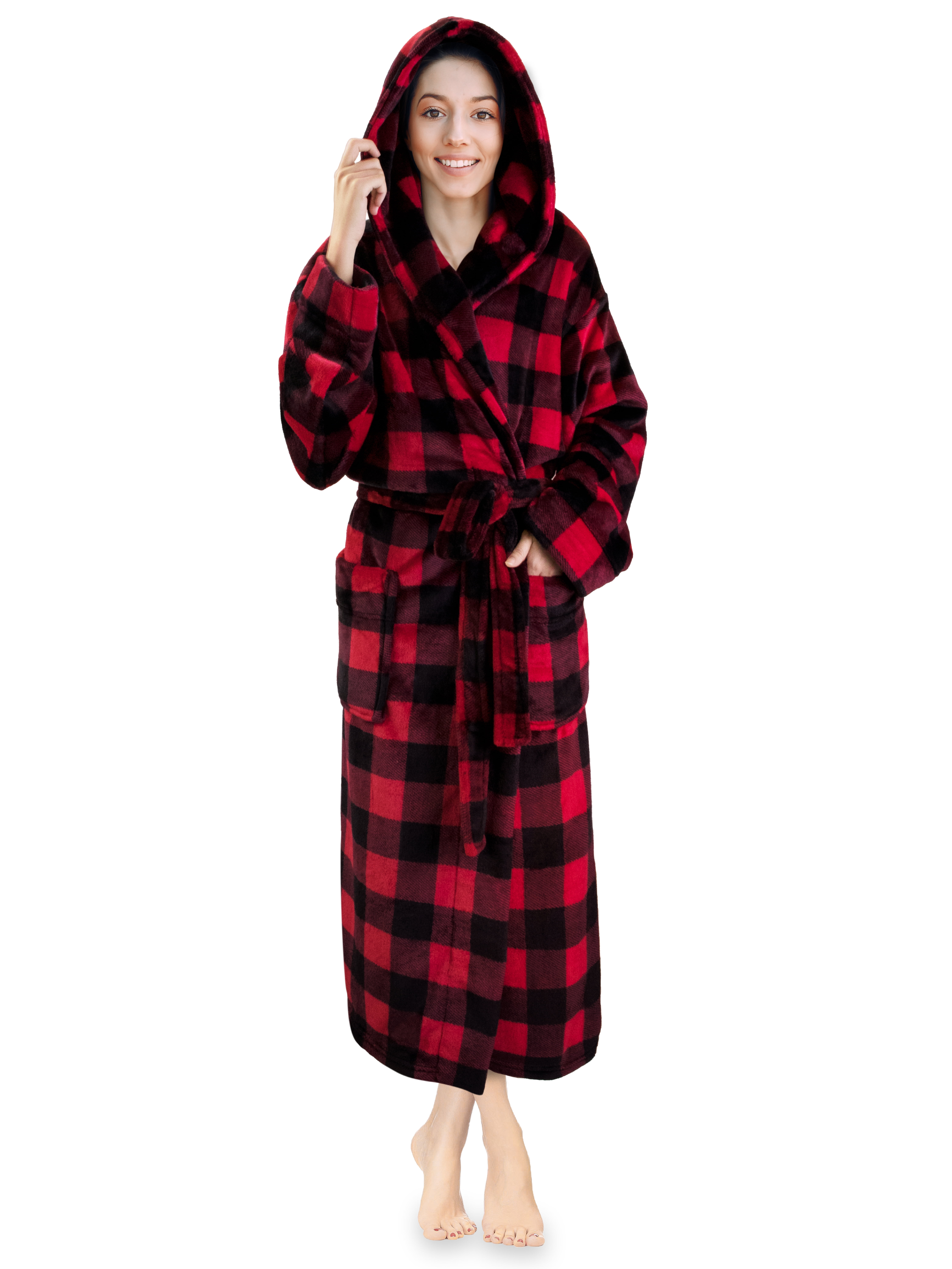 PAVILIA Plush Hooded Robe For Women | Buffalo Plaid Red Black Fluffy Soft  Bathrobe with Hood | Fuzzy Warm Spa Robe, Cozy Fleece Long Robe 