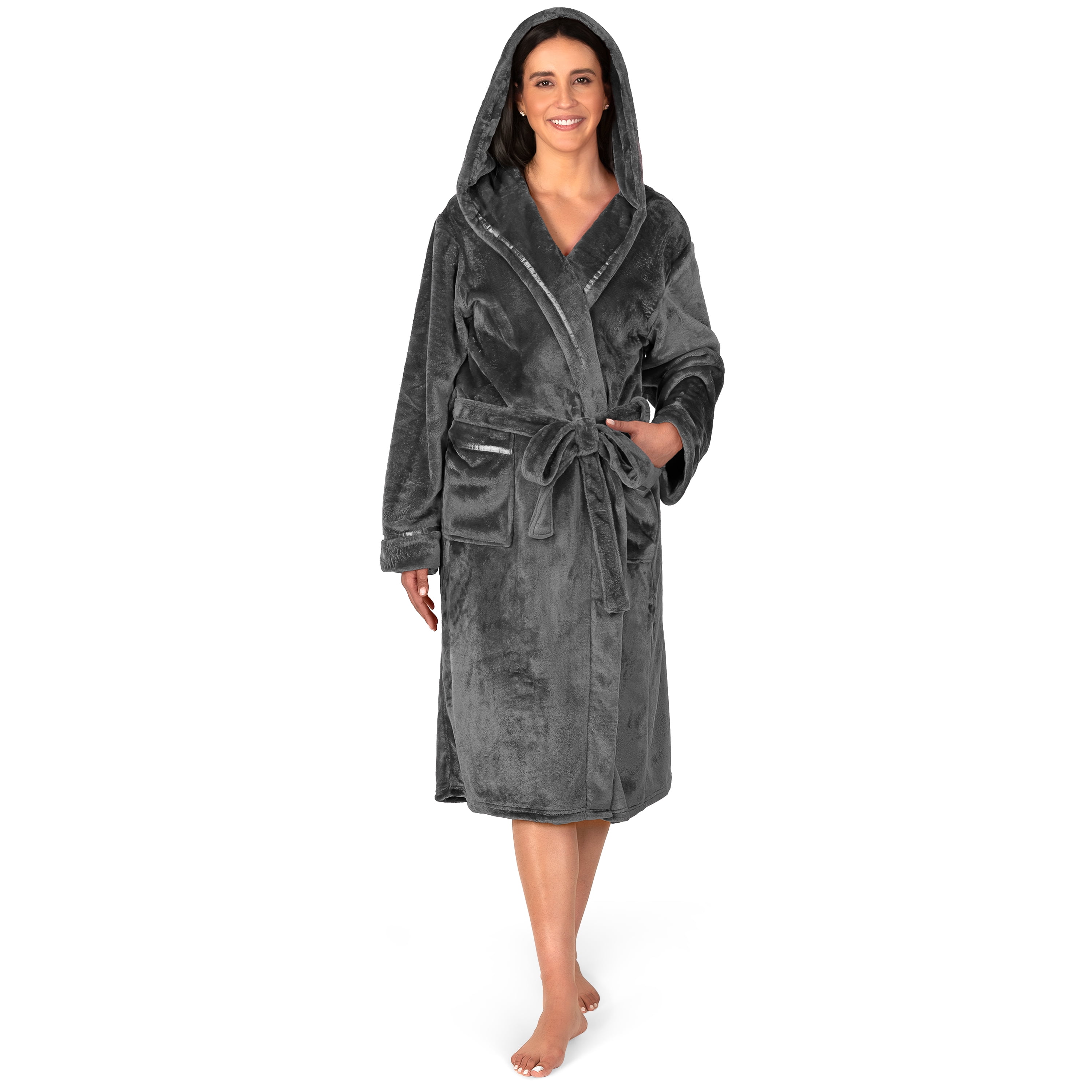 slim fit dress slacks Super Soft Gray Plush Hooded Women's Robe  RobeMart