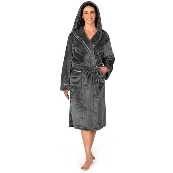 PAVILIA Plush Hooded Robe For Women | Grey, Fluffy Soft Bathrobe With Hood | Fuzzy Warm Spa Robe, Cozy Fleece Long Robe | Satin Trim, Large-X-Large