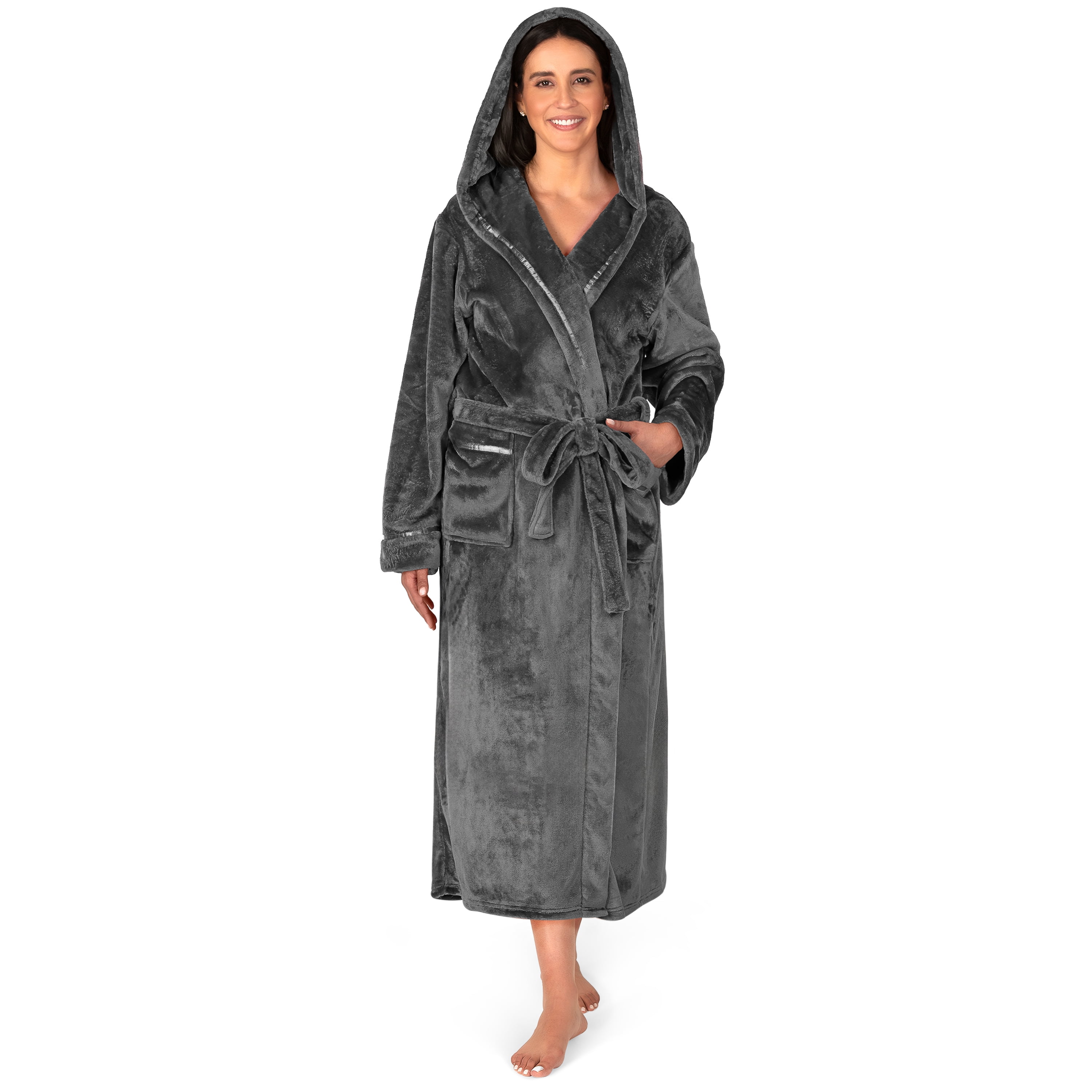 Women's Fleece Robe with Hood, Satin Trim Gray / L/XL