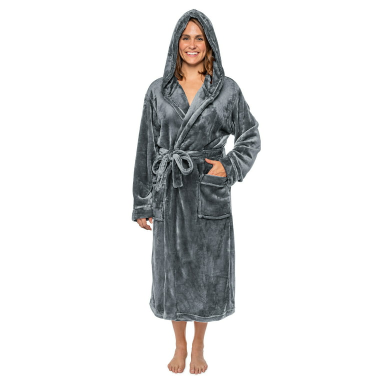 PAVILIA Plush Hooded Robe For Women | Grey, Fluffy Soft Bathrobe With Hood  | Fuzzy Warm Spa Robe, Cozy Fleece Long Robe | Satin Trim, Small-Medium