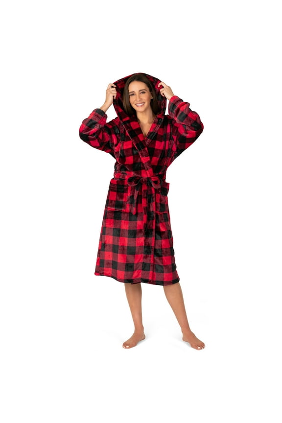 Plush Hooded Robe For Women | Buffalo Plaid Red Black Fluffy Soft Bathrobe with Hood | Fuzzy Warm Spa Robe, Cozy Fleece Long Robe | Small-Medium