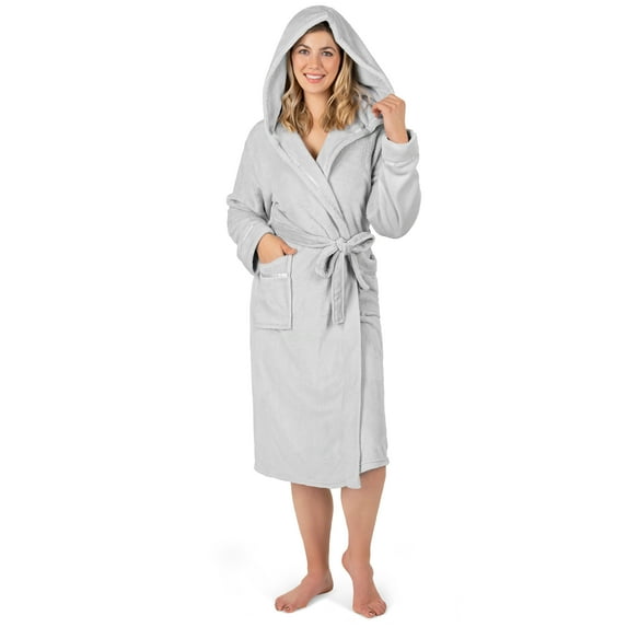 PAVILIA Plush Hooded Robe For Women | Light Grey, Fluffy Soft Bathrobe With Hood | Fuzzy Warm Spa Robe, Cozy Fleece Long Robe | Satin Trim, Small-Medium