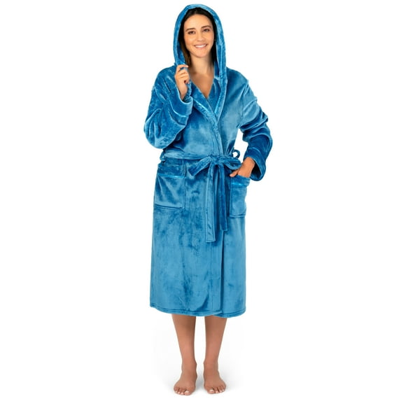 PAVILIA Plush Hooded Robe For Women | Turquoise Teal Blue, Fluffy Soft Bathrobe With Hood | Fuzzy Warm Spa Robe, Cozy Fleece Long Robe | Satin Trim, Large-X-Large
