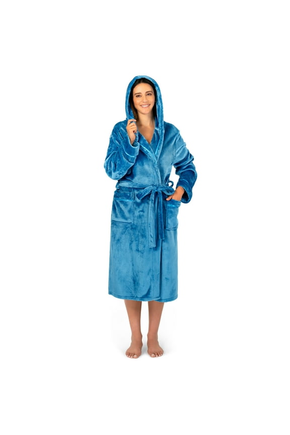 Plush Hooded Robe For Women | Turquoise Teal Blue, Fluffy Soft Bathrobe With Hood | Fuzzy Warm Spa Robe, Cozy Fleece Long Robe | Satin Trim, Small-Medium