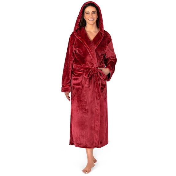 PAVILIA Plush Hooded Robe For Women | Wine Maroon Fluffy Soft Bathrobe With Hood | Fuzzy Warm Spa Robe, Cozy Fleece Long Robe | Satin Trim, Small-Medium