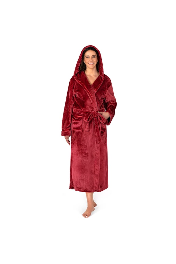 Plush Hooded Robe For Women | Wine Maroon Fluffy Soft Bathrobe With Hood | Fuzzy Warm Spa Robe, Cozy Fleece Long Robe | Satin Trim, Small-Medium