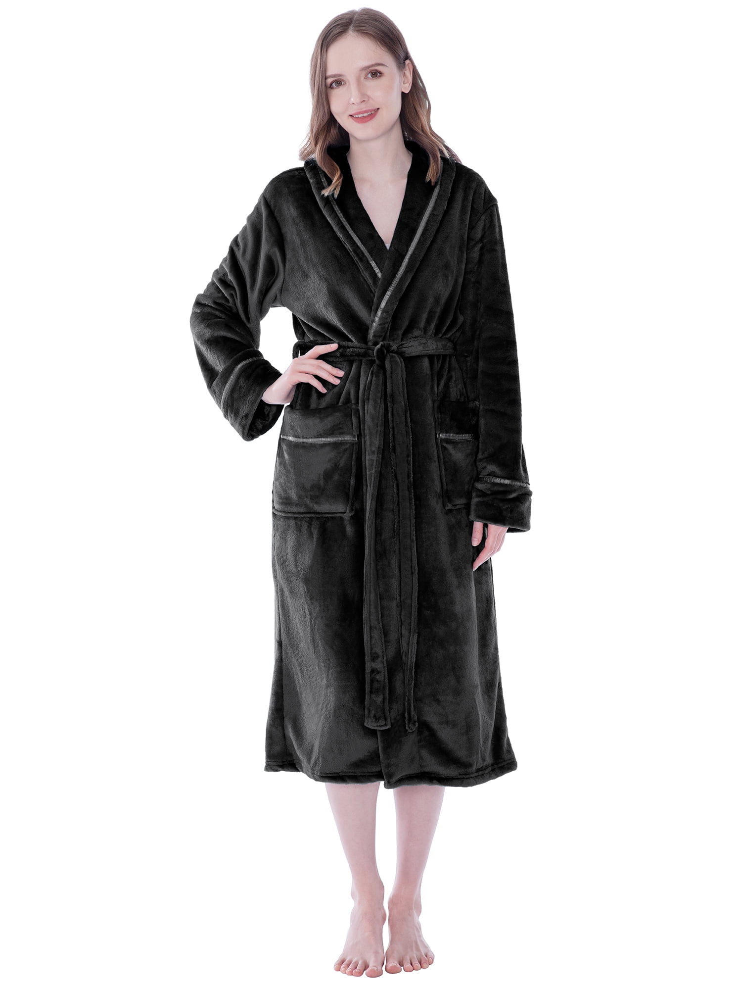 Robes For Women, Fleece Soft Fluffy Bathrobe, Plush Cozy Long Spa Robe, Satin Trim (S/M, Black)