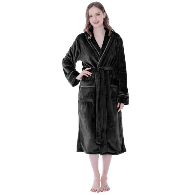 PAVILIA Plush Robe For Women, Black Fluffy Soft Bathrobe, Lightweight