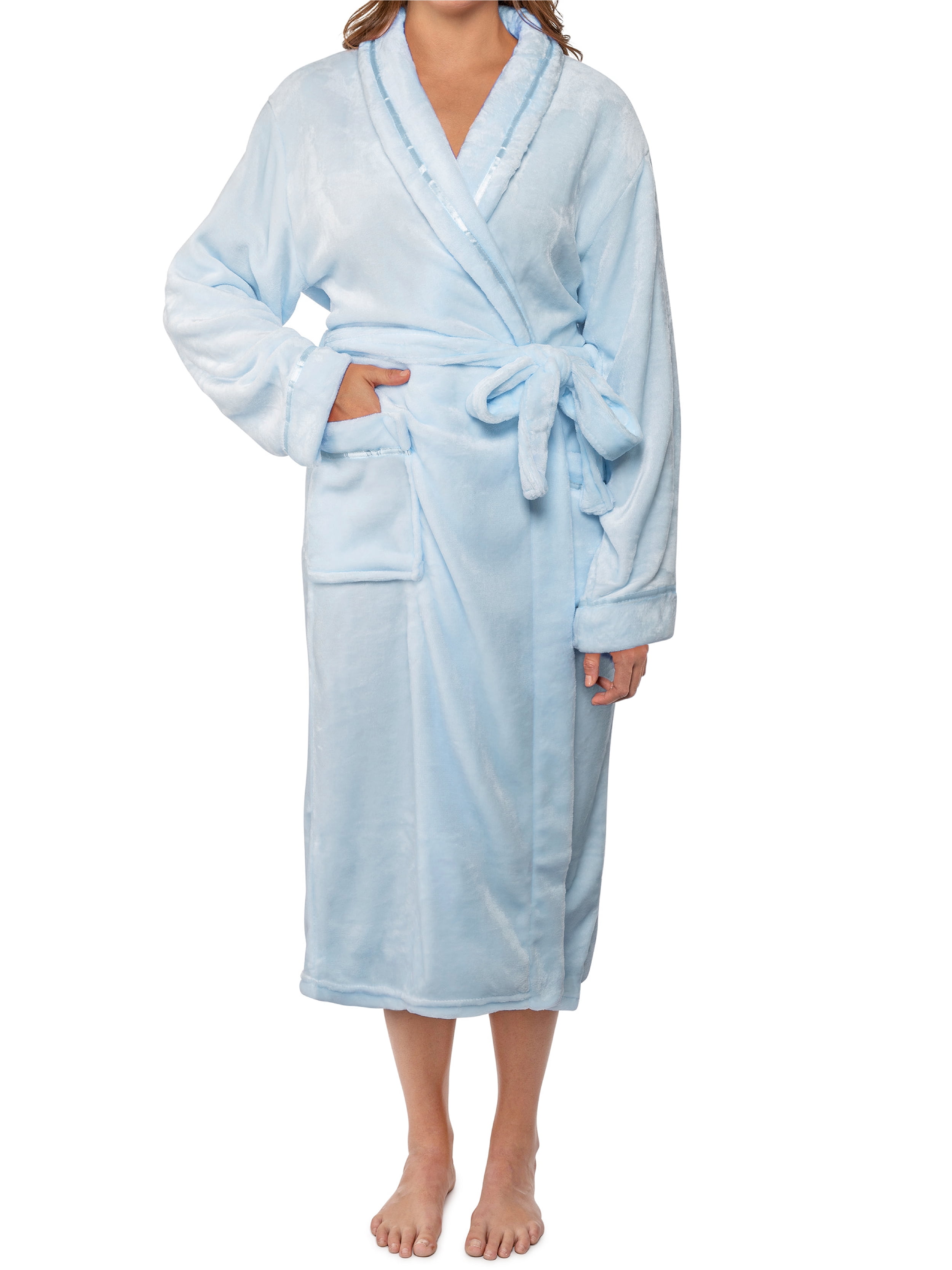 Super Soft Blue Plaid Plush Hooded Women's Robe