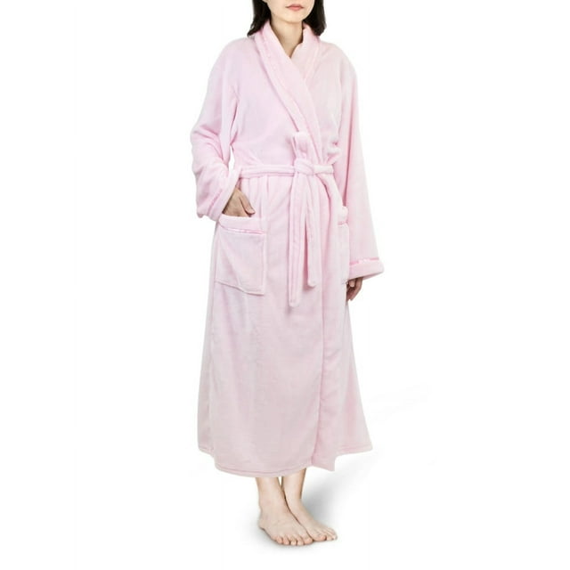 PAVILIA Plush Robe For Women, Pink Fluffy Soft Bathrobe, Lightweight Fuzzy Warm Spa Robe, Cozy Fleece Long House Robe, Satin Trim, Large-XL