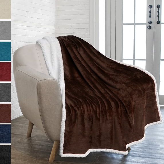 PAVILIA Plush Sherpa Fleece Throw Blanket Brown | Soft, Warm, Fuzzy Throw for Couch Sofa | Solid Reversible Cozy Microfiber Fluffy Blanket, 50x60