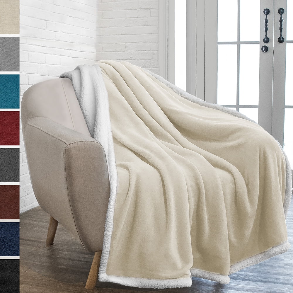 Cream Beige Reversible Sherpa Fleece Throw Blanket