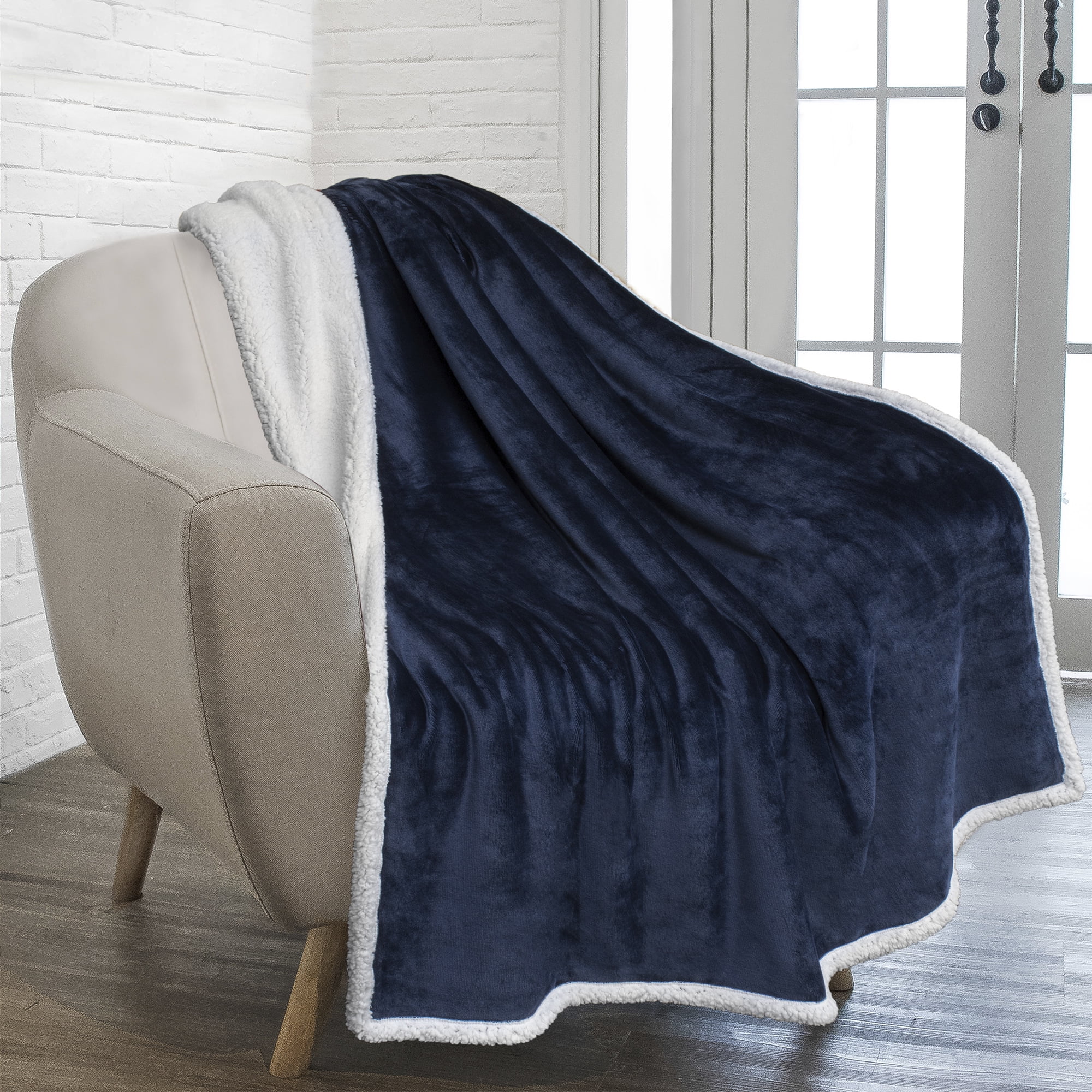 Navy Blue Sherpa Fleece Reversible Throw Blanket