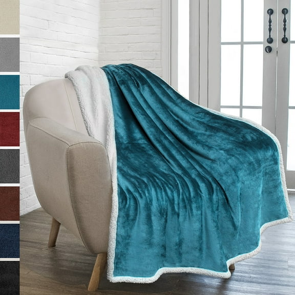 PAVILIA Plush Sherpa Fleece Throw Blanket Teal Blue | Soft, Warm, Fuzzy Turquoise Throw for Couch Sofa | Solid Reversible Cozy Microfiber Fluffy Blanket, 50x60