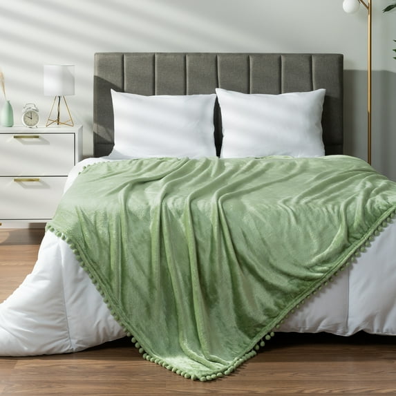 PAVILIA Fleece Throw Blanket for Couch with Pom Pom Fringe, Sage Light Green, Soft Cozy Fuzzy Flannel Blanket for Sofa Bed, Large Lightweight Plush All Season Throw, 60x80 Inches