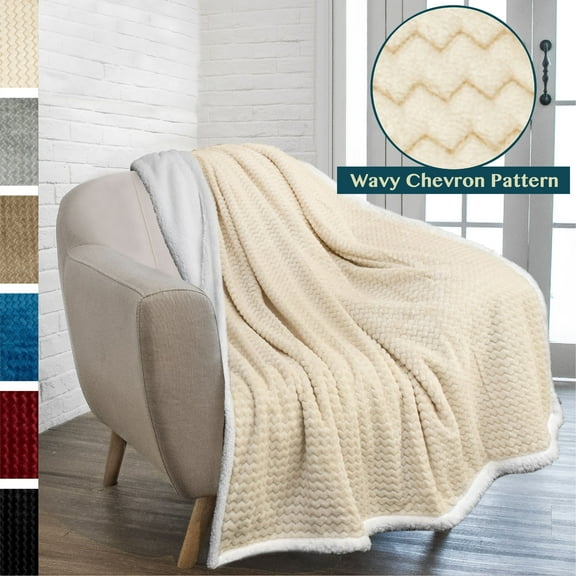 PAVILIA Premium Chevron Sherpa Throw Blanket | Soft Reversible Beige Fleece Blanket Throw | Plush, Fuzzy Throw for Couch Sofa, Lap TV Blanket| Lightweight Microfiber, 50x60 Inches