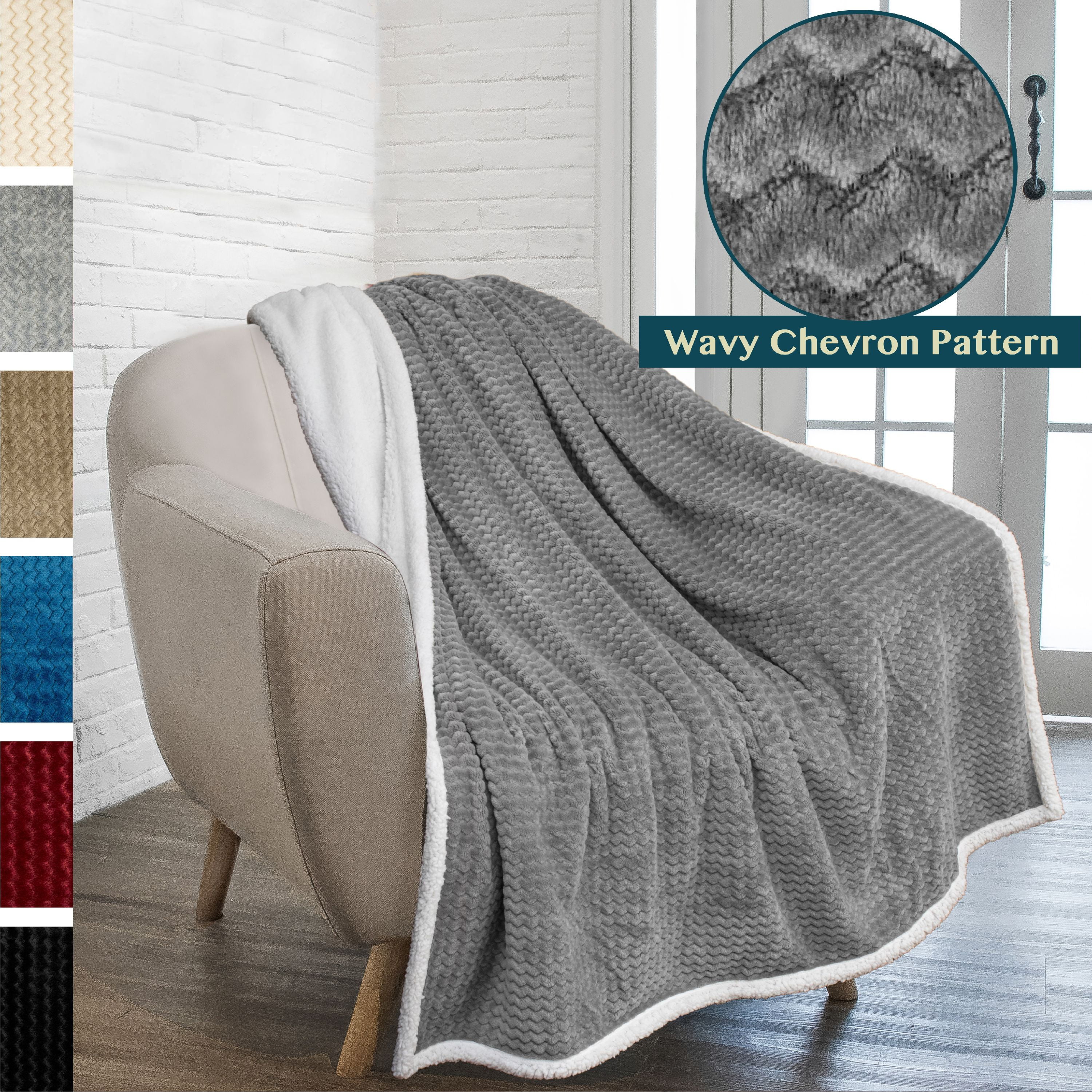Gray Chevron Sherpa Fleece Reversible Throw Blanket, 50" x 60"