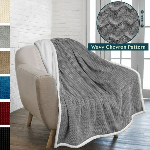 PAVILIA Premium Chevron Sherpa Throw Blanket | Soft Reversible Grey Fleece Blanket Throw | Plush, Fuzzy Throw for Couch Sofa, Lap TV Blanket| Lightweight Microfiber, 50x60 Inches