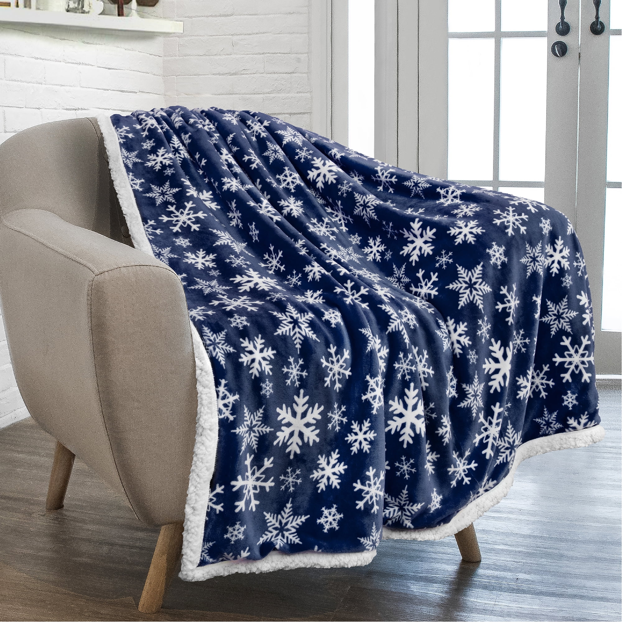 PAVILIA Christmas Sherpa Throw Blanket – Blue Snowflake Design, Reversible Fleece, 60 X 80 Inches, Plush & Cozy