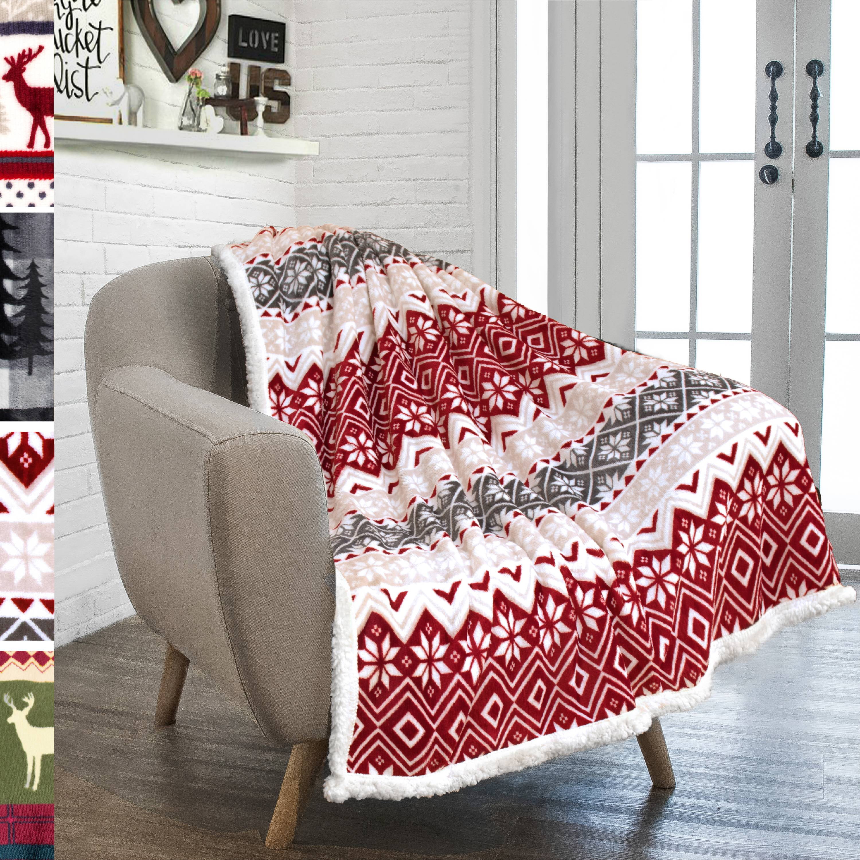 Holiday Snowflake Red and White Reversible Sherpa Throw Blanket