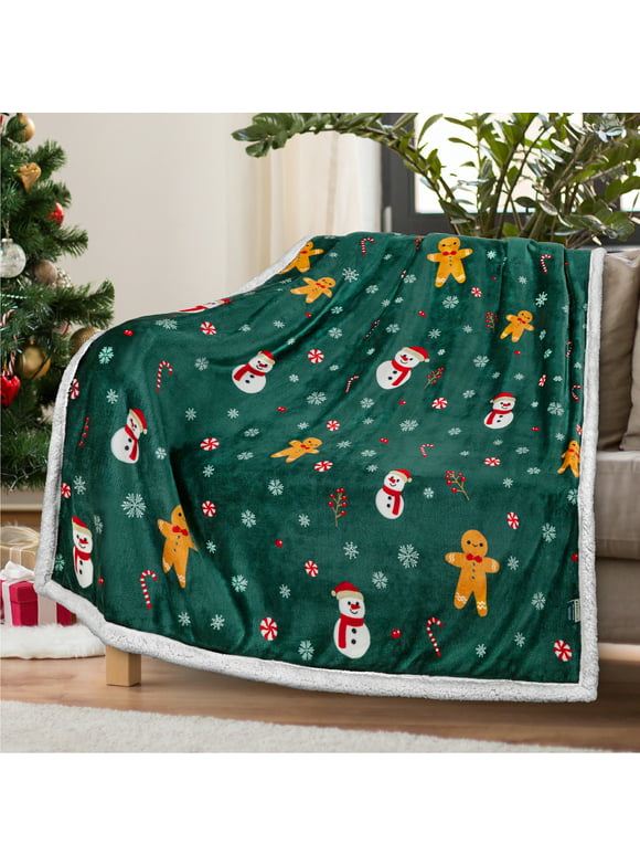PAVILIA Premium Christmas Sherpa Throw Blanket | Christmas Decoration Gift, Fleece, Plush, Warm, Cozy Reversible Microfiber Holiday Blanket | Green Gingerbread - 50x60
