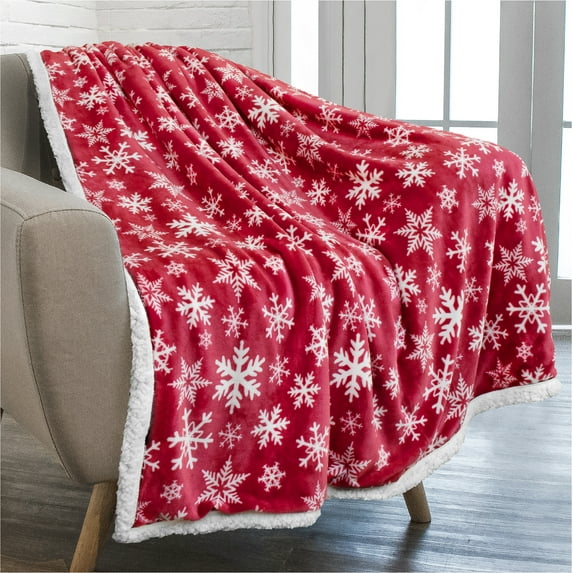 PAVILIA Premium Christmas Sherpa Throw Blanket | Red Snowflake Decoration, Fleece, Plush, Warm, Cozy Reversible Microfiber Holiday Blanket | Christmas Gift - 50 x 60