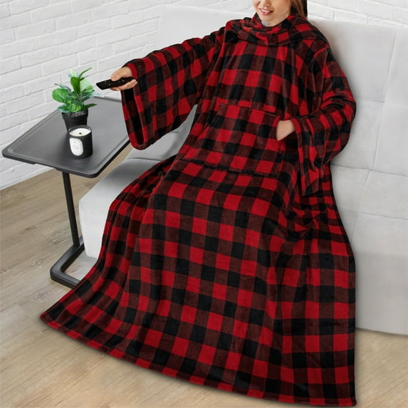 PAVILIA Premium Fleece Blanket with Sleeves for Women Men Adult, Wearable Blanket Warm Cozy, Super Soft Sleeved Throw with Arm, Gift for Women Mom Wife (Checkered Red, Kangaroo Pocket)