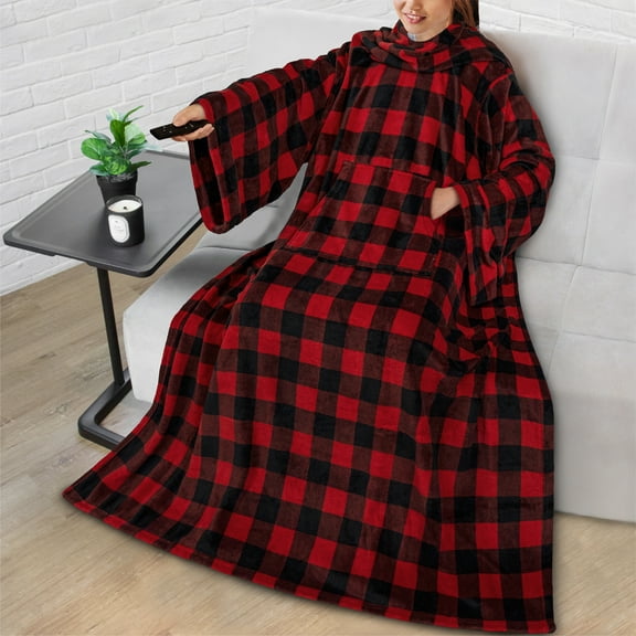 PAVILIA Premium Fleece Blanket with Sleeves for Women Men Adult, Wearable Blanket Warm Cozy, Super Soft Sleeved Throw with Arm, Gift for Women Mom Wife (Checkered Red, Kangaroo Pocket)