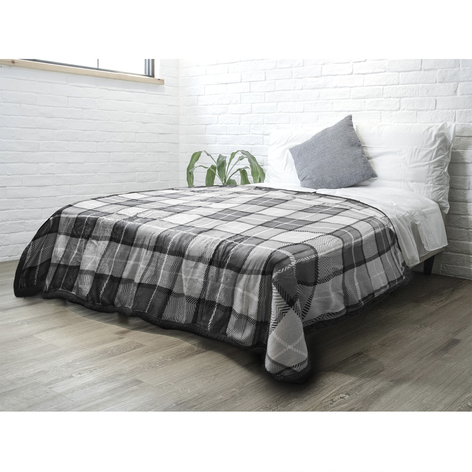 Twin Size Plaid Charcoal Sherpa Fleece Reversible Blanket