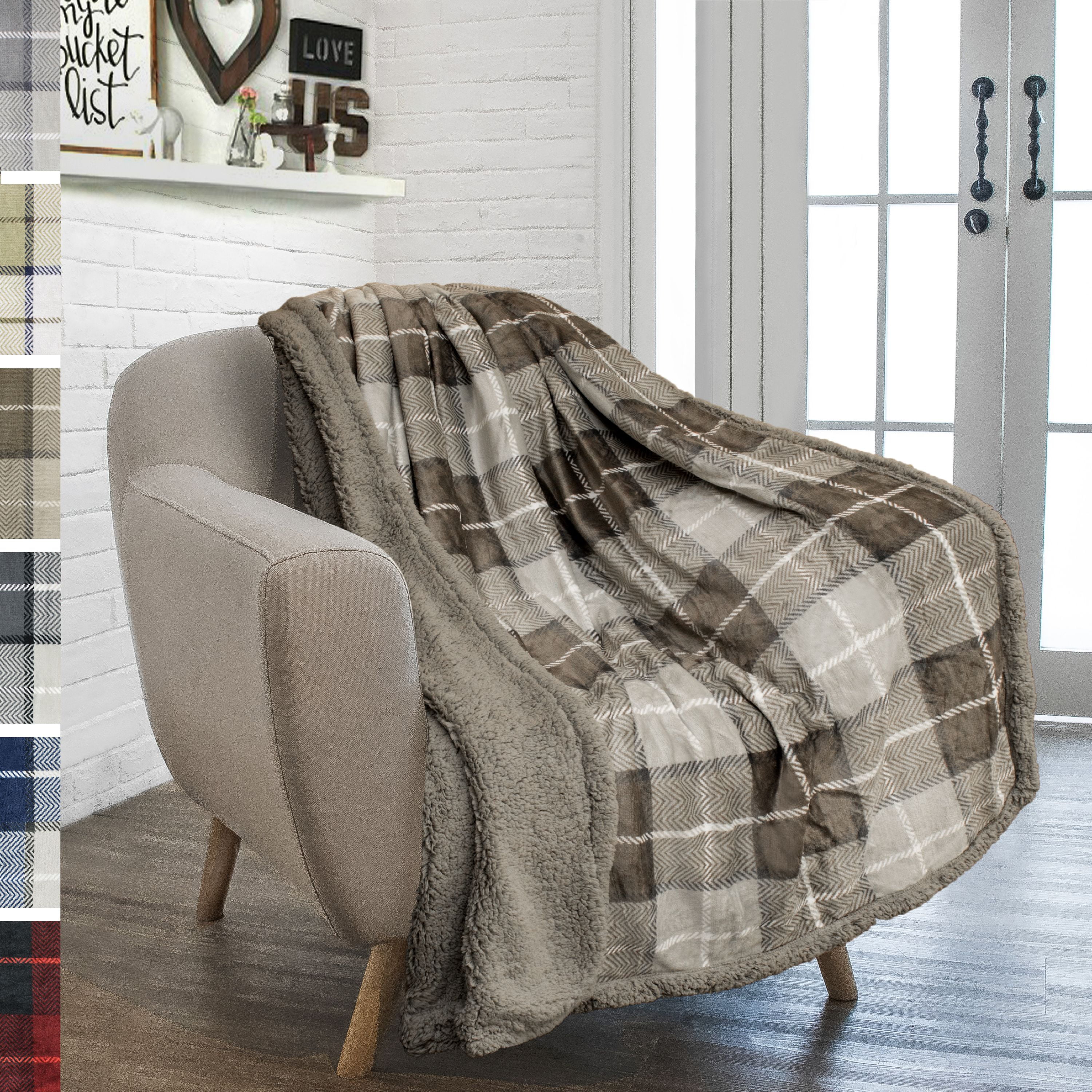 Taupe Plaid Sherpa Fleece Reversible Throw Blanket, 50" x 60"