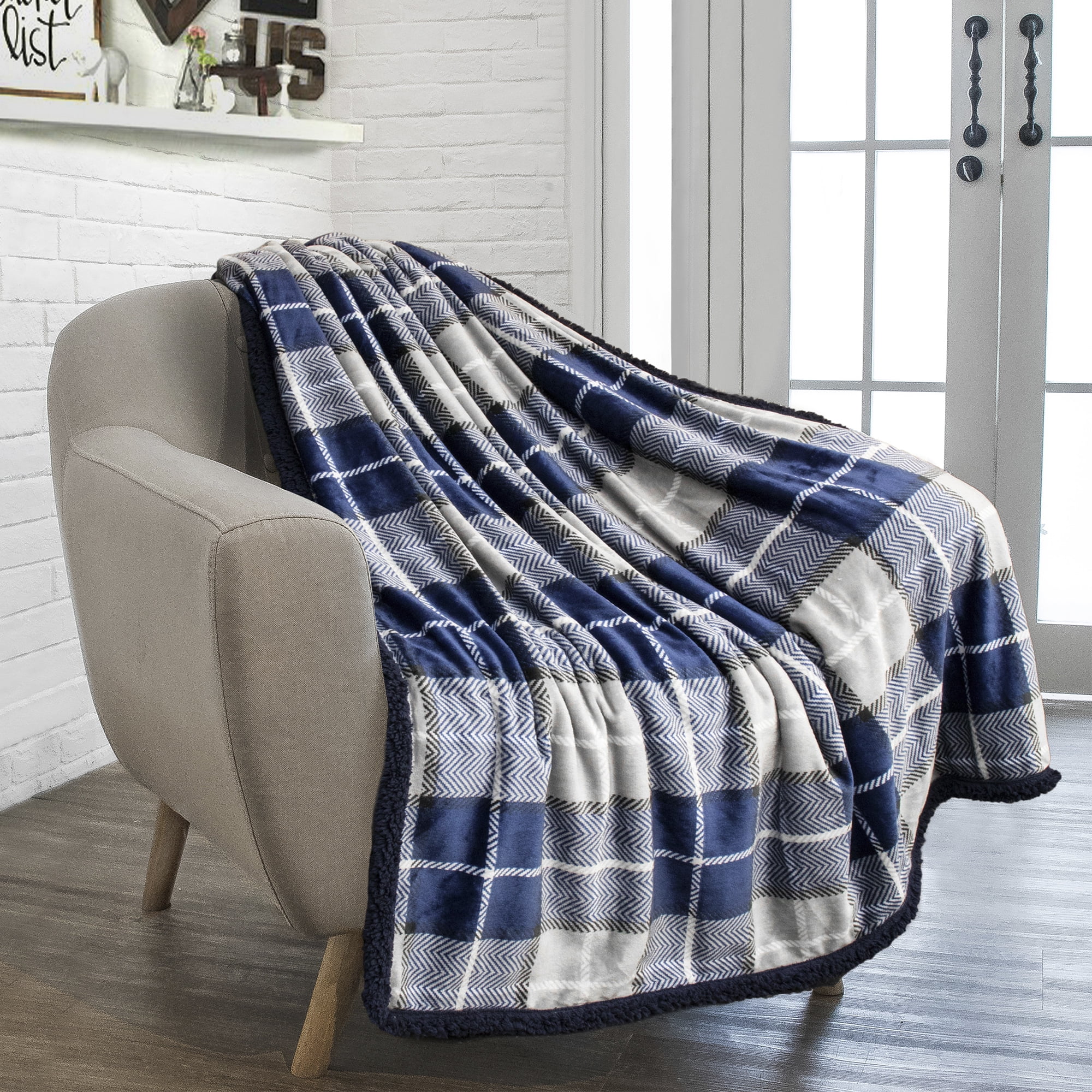 Navy Plaid Reversible Sherpa Fleece Throw Blanket