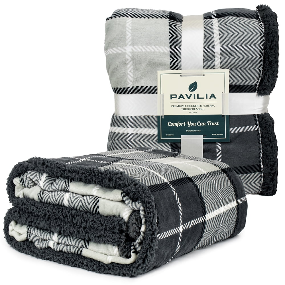 Charcoal Gray Plaid Sherpa Fleece Reversible Throw Blanket, 50" x 60"
