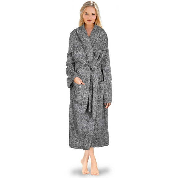 PAVILIA Premium Women Plush Soft Robe Fluffy Warm Fleece Sherpa Shaggy Bathrobe (S/M, Heather Gray)