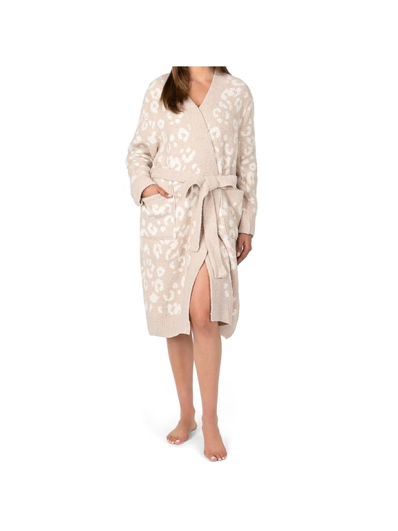 Cheetah Beige Premium Plush Robe for Women, Soft Cozy Bathrobe, S/M