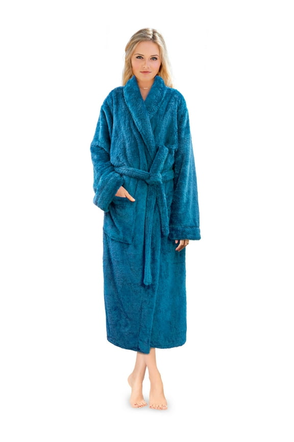 Premium Womens Plush Soft Robe Fluffy, Warm, Fleece Sherpa Shaggy Bathrobe (L/XL, Turquoise)