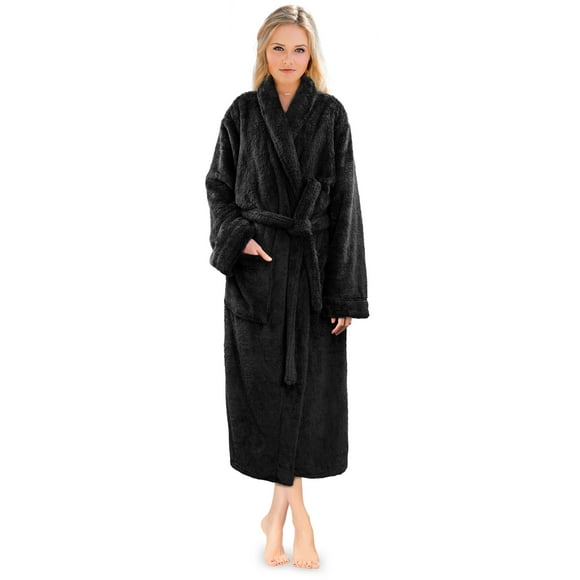 PAVILIA Premium Womens Plush Soft Robe Fluffy, Warm, Fleece Sherpa Shaggy Bathrobe (S/M, Black)