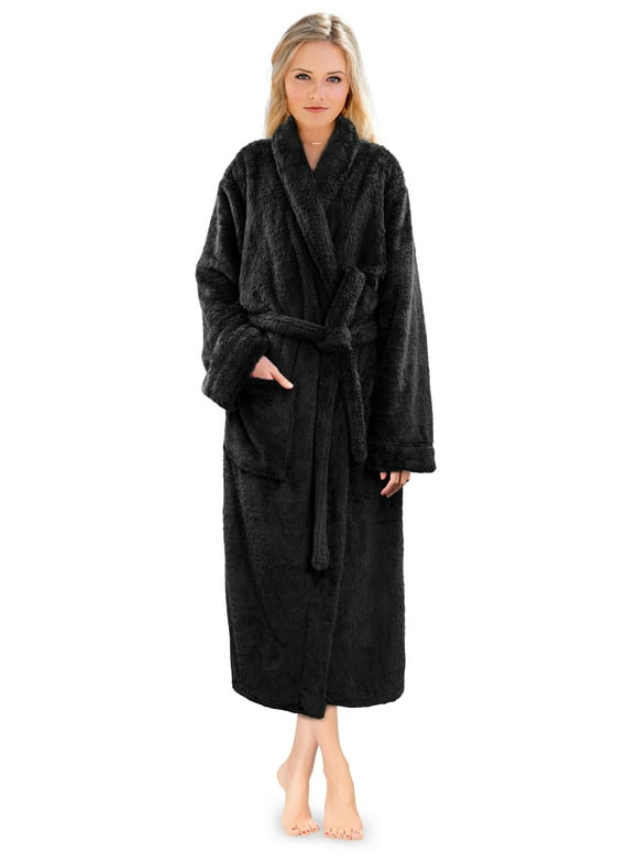 Premium Womens Plush Soft Robe Fluffy, Warm, Fleece Sherpa Shaggy Bathrobe (S/M, Black)